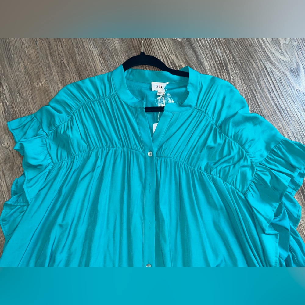 Aqua Button Up Ruffle Topππ - Picture 3 of 3
